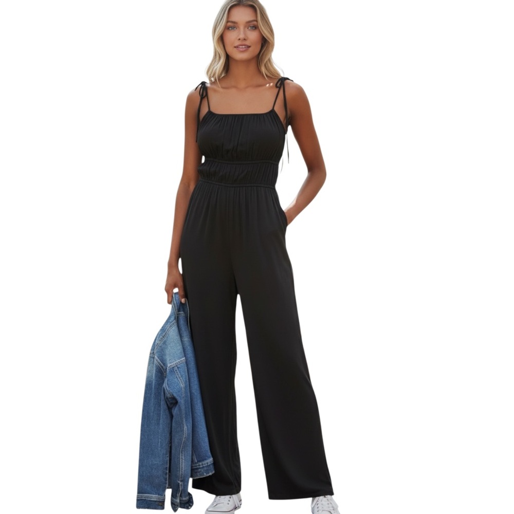 And Now This Tie-Strap Square-Neck Jumpsuit Wide Leg, Black, Size Small